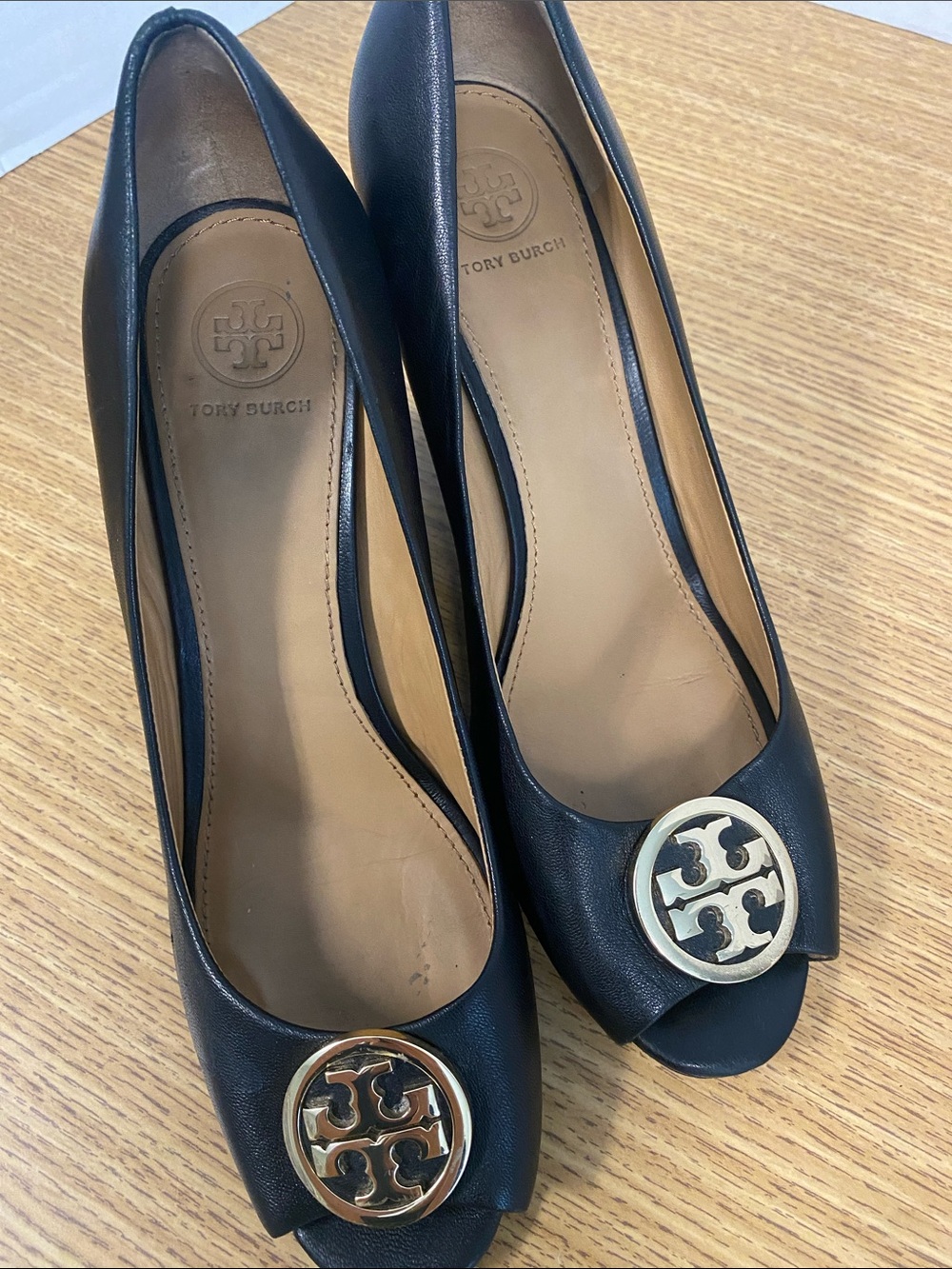 Tory Burch Black Leather Peep-Toe Heels with Gold Logo Medallion
